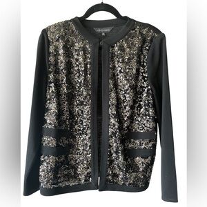 Ming Wang Sequined Black Open Front Cardigan with Clasp Sweater Size Medium